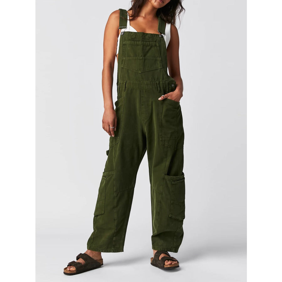 Pocketed Wide Strap Denim Overalls Army Green / S Apparel and Accessories