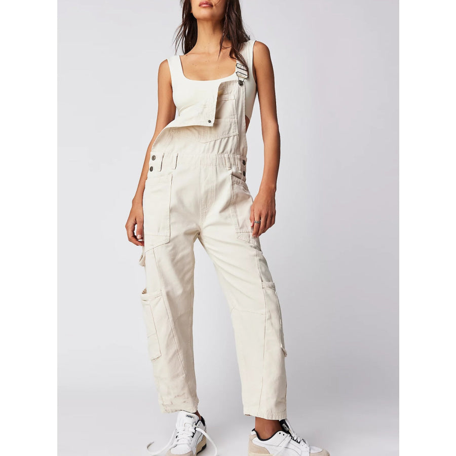 Pocketed Wide Strap Denim Overalls Ivory / S Apparel and Accessories