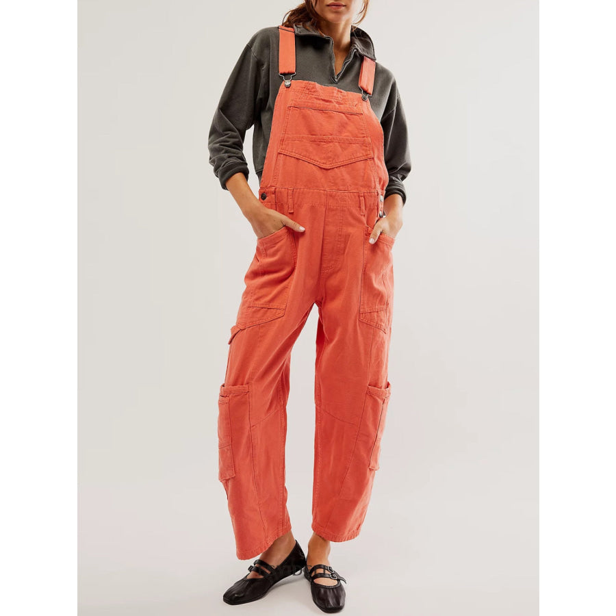 Pocketed Wide Strap Denim Overalls Orange / S Apparel and Accessories