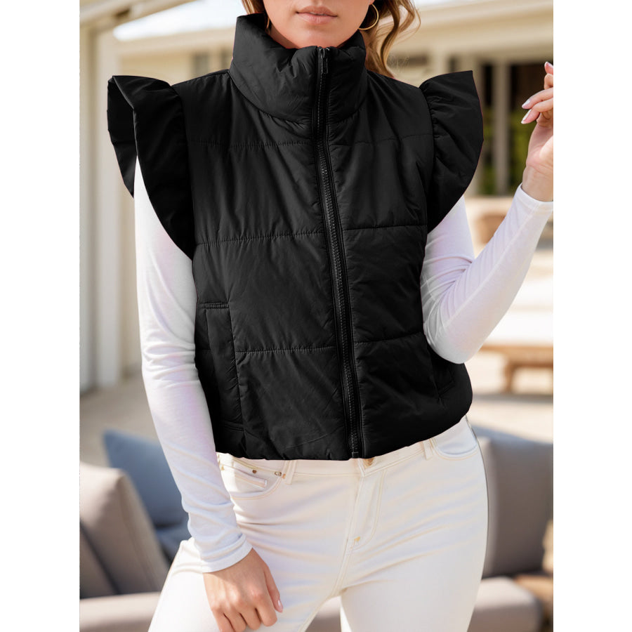 Pocketed Zip Up Cap Sleeve Jacket Apparel and Accessories