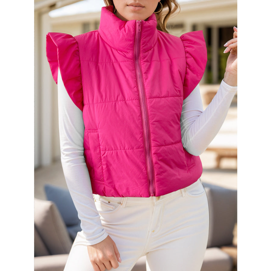 Pocketed Zip Up Cap Sleeve Jacket Apparel and Accessories