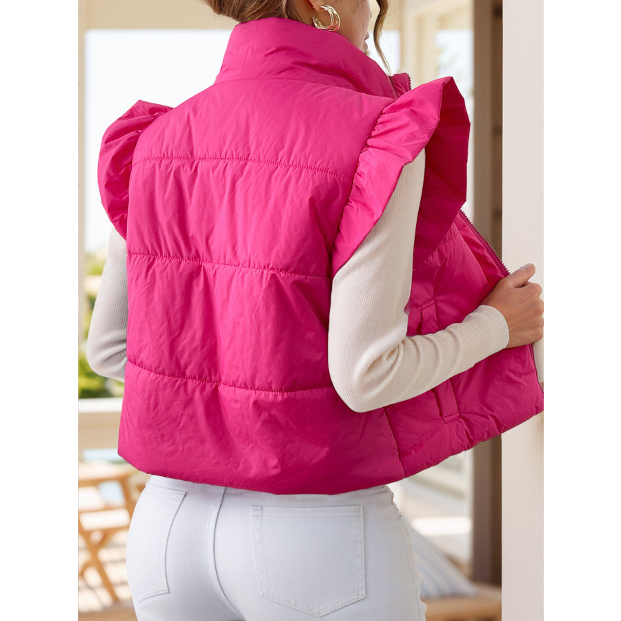 Pocketed Zip Up Cap Sleeve Jacket Hot Pink / S Apparel and Accessories