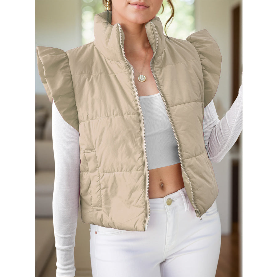 Pocketed Zip Up Cap Sleeve Jacket Apparel and Accessories