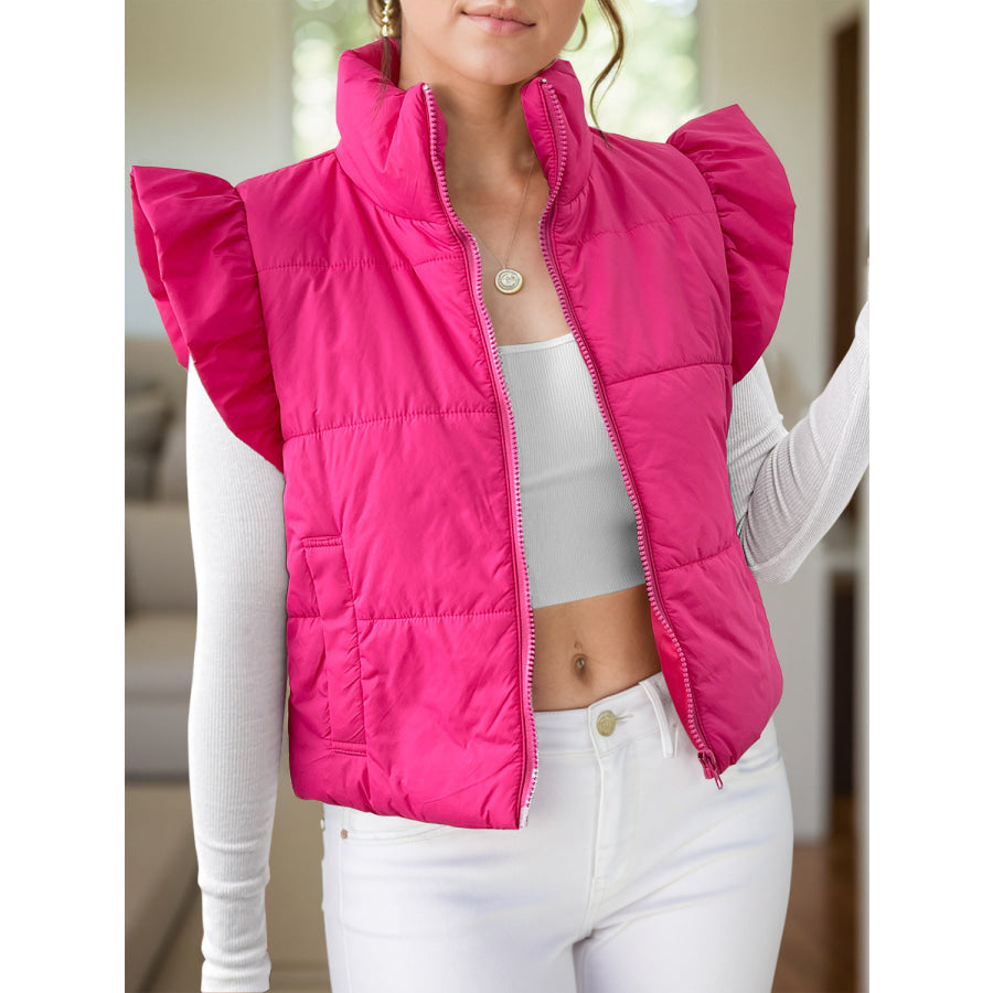 Pocketed Zip Up Cap Sleeve Jacket Hot Pink / S Apparel and Accessories