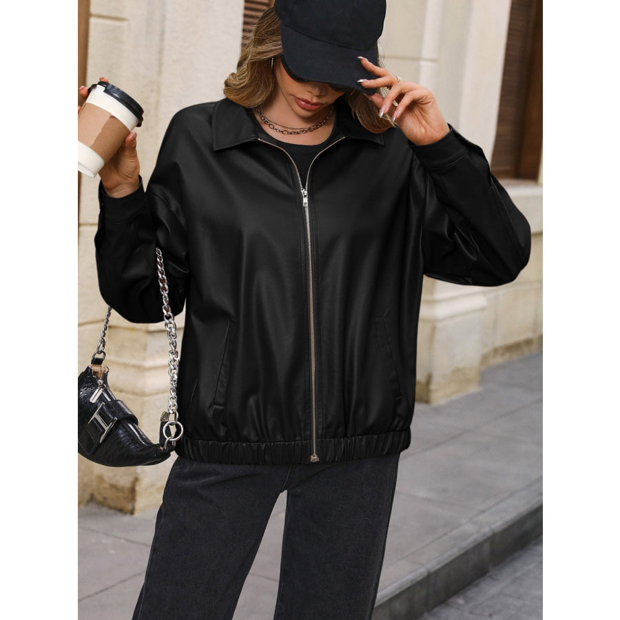 Pocketed Zip Up Collared Neck Jacket Apparel and Accessories