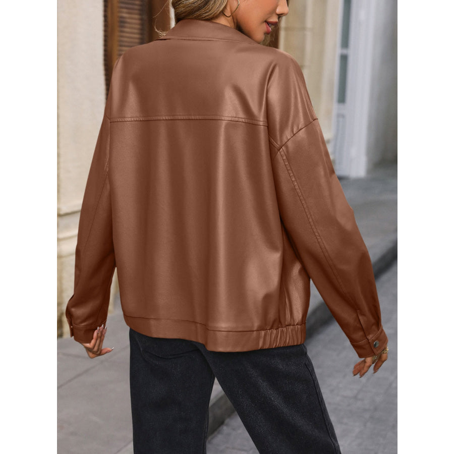 Pocketed Zip Up Collared Neck Jacket Apparel and Accessories