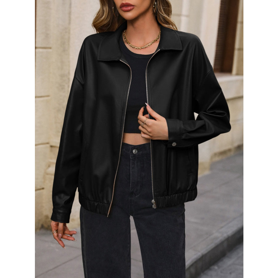 Pocketed Zip Up Collared Neck Jacket Black / S Apparel and Accessories