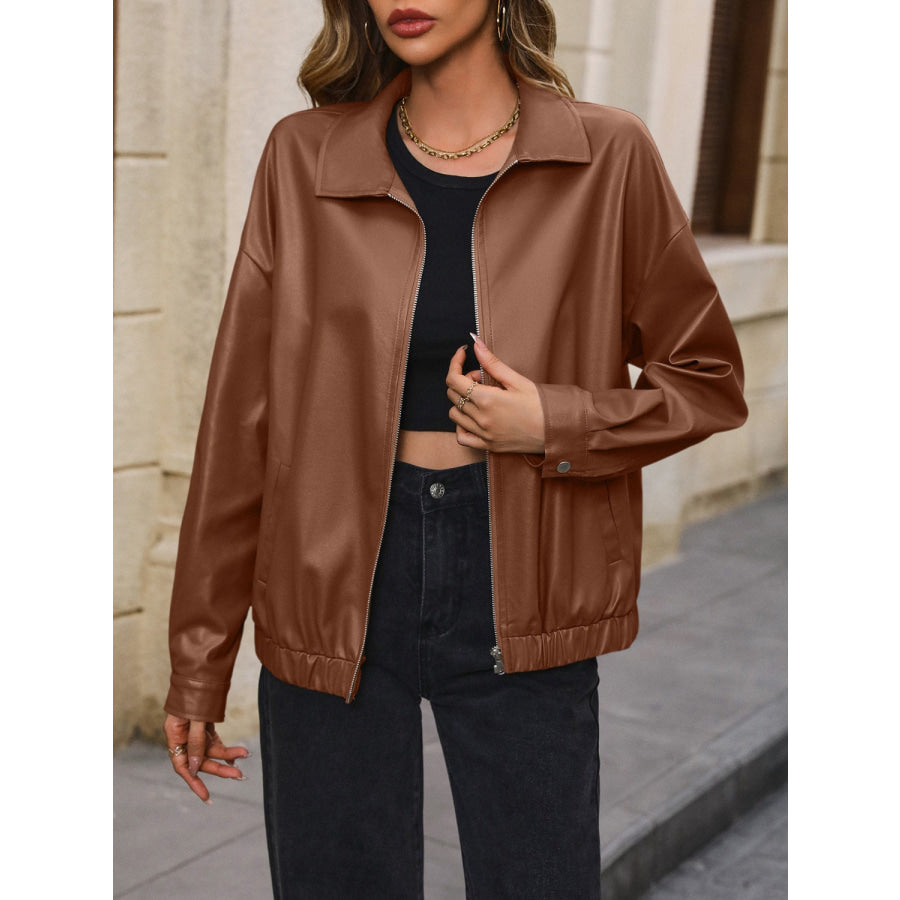 Pocketed Zip Up Collared Neck Jacket Chestnut / S Apparel and Accessories