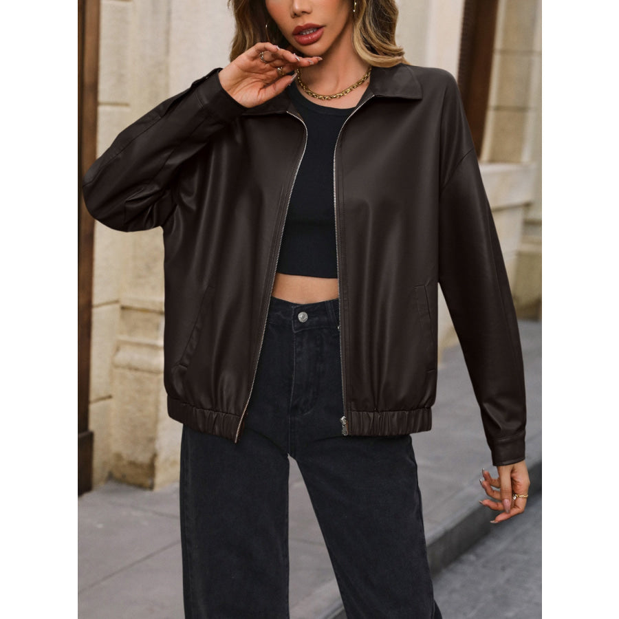 Pocketed Zip Up Collared Neck Jacket Chocolate / S Apparel and Accessories