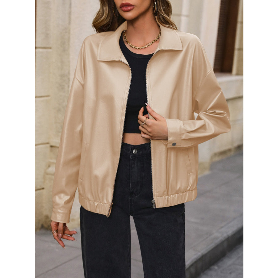 Pocketed Zip Up Collared Neck Jacket Tan / S Apparel and Accessories