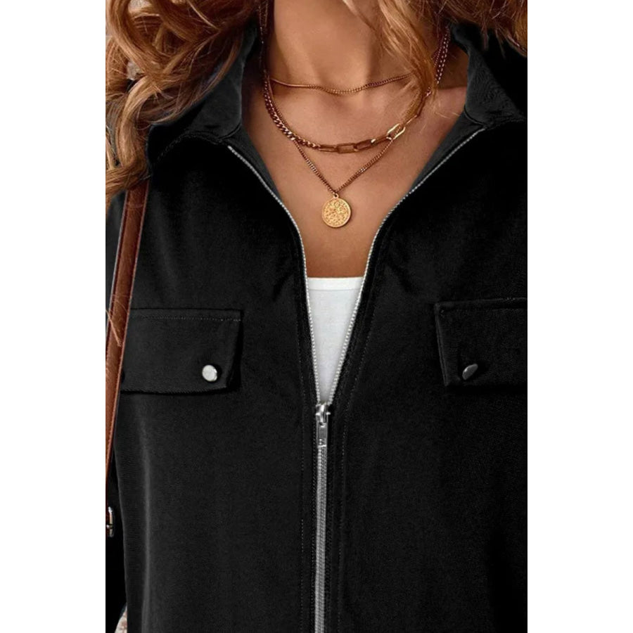 Pocketed Zip Up Collared Neck Long Sleeve Jacket Apparel and Accessories