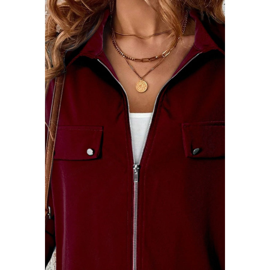 Pocketed Zip Up Collared Neck Long Sleeve Jacket Apparel and Accessories