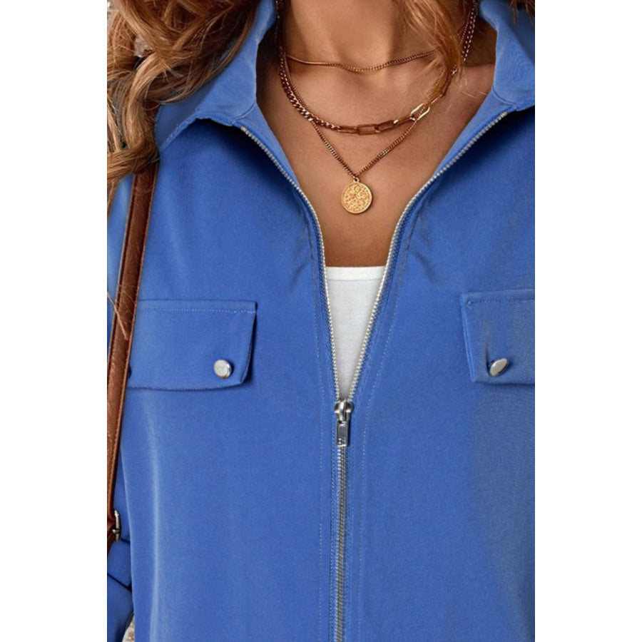 Pocketed Zip Up Collared Neck Long Sleeve Jacket Apparel and Accessories