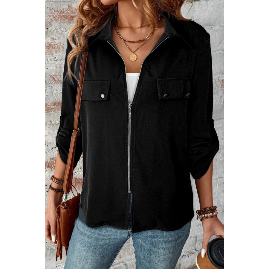 Pocketed Zip Up Collared Neck Long Sleeve Jacket Black / S Apparel and Accessories