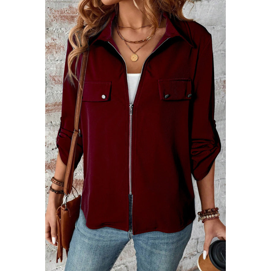 Pocketed Zip Up Collared Neck Long Sleeve Jacket Burgundy / S Apparel and Accessories