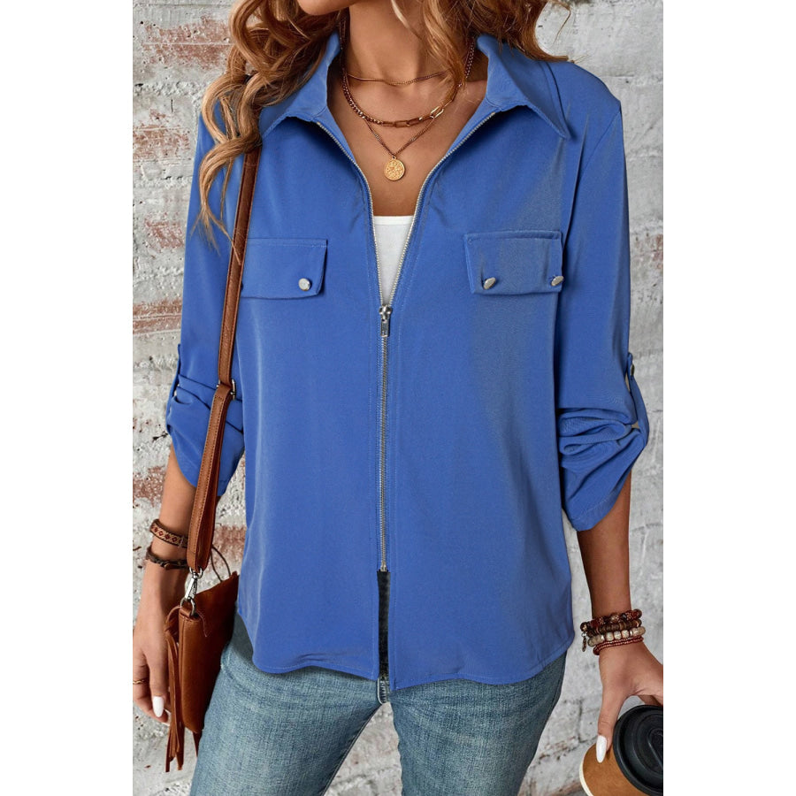 Pocketed Zip Up Collared Neck Long Sleeve Jacket Dusty Blue / S Apparel and Accessories