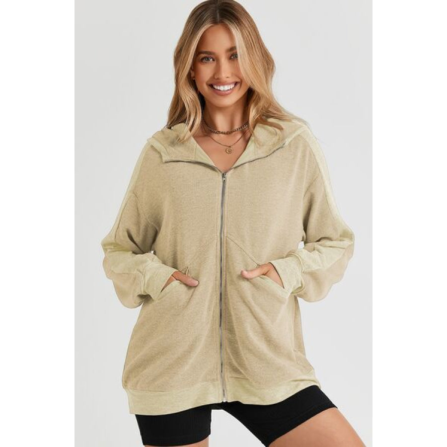 Pocketed Zip Up Dropped Shoulder Hooded Jacket Apparel and Accessories