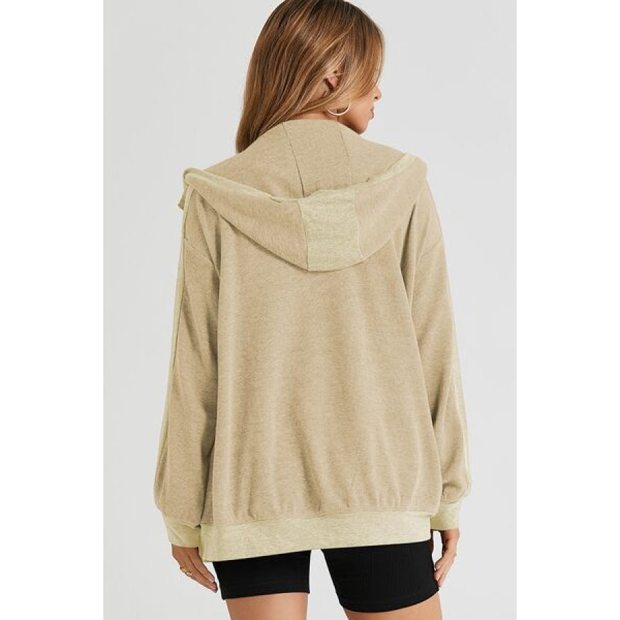 Pocketed Zip Up Dropped Shoulder Hooded Jacket Tan / S Apparel and Accessories