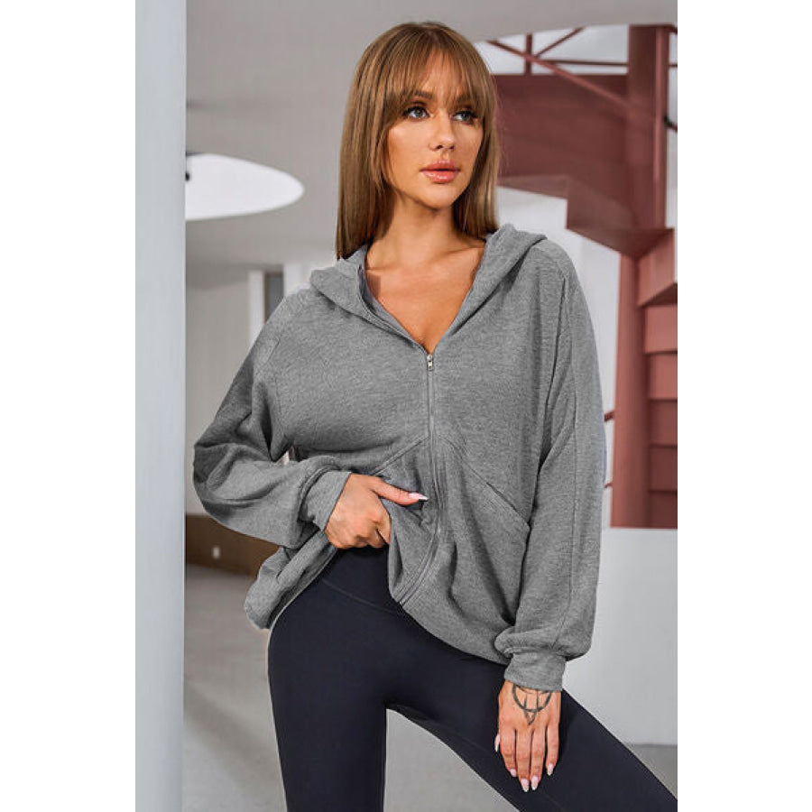 Pocketed Zip Up Dropped Shoulder Hooded Jacket Heather Gray / S Apparel and Accessories