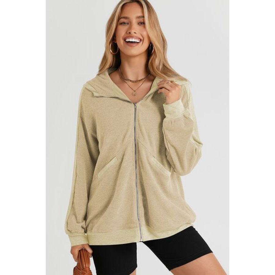 Pocketed Zip Up Dropped Shoulder Hooded Jacket Tan / S Apparel and Accessories