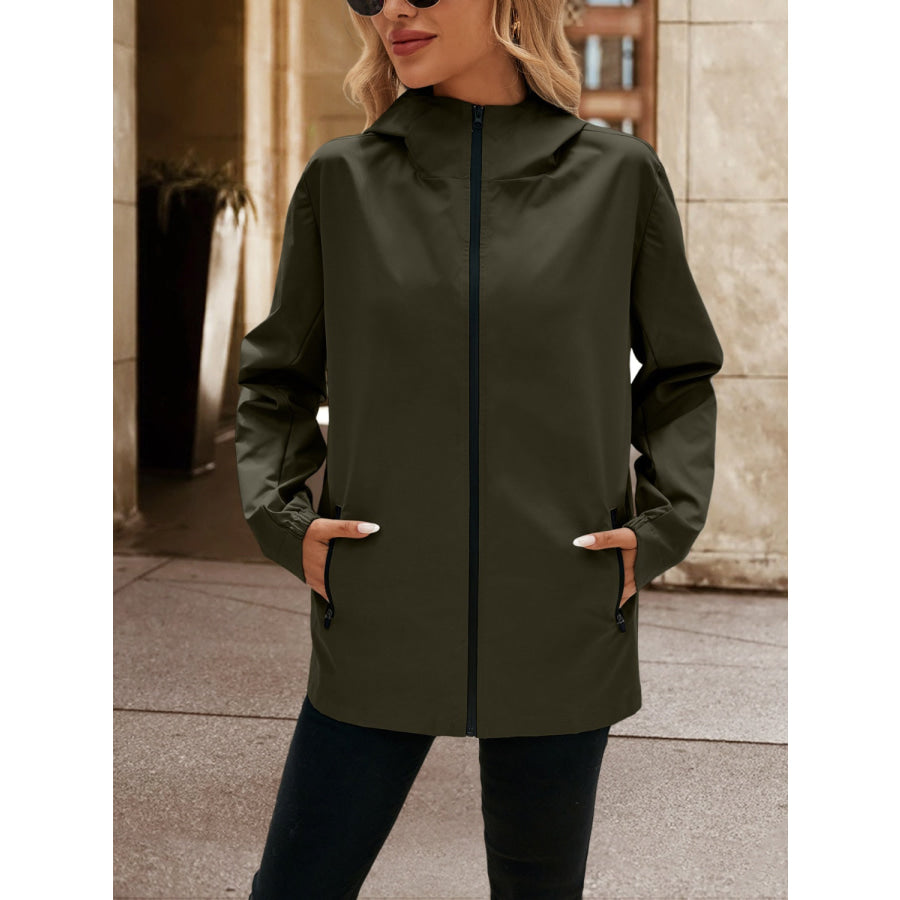 Pocketed Zip Up Hooded Jacket Apparel and Accessories