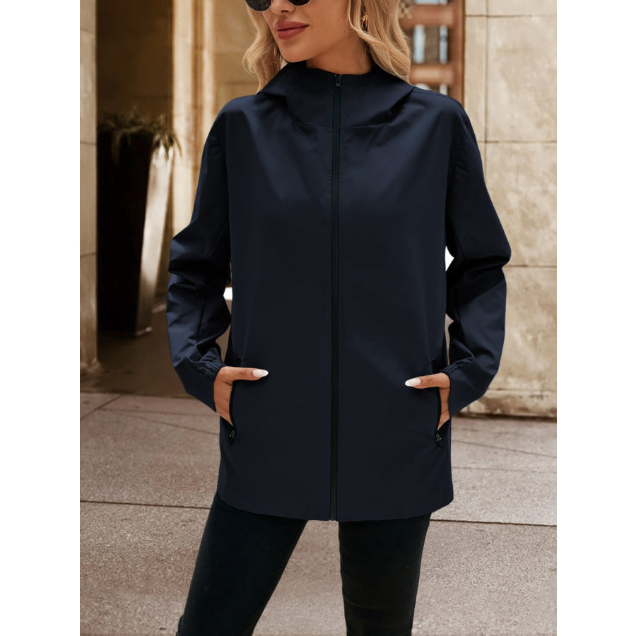 Pocketed Zip Up Hooded Jacket Apparel and Accessories