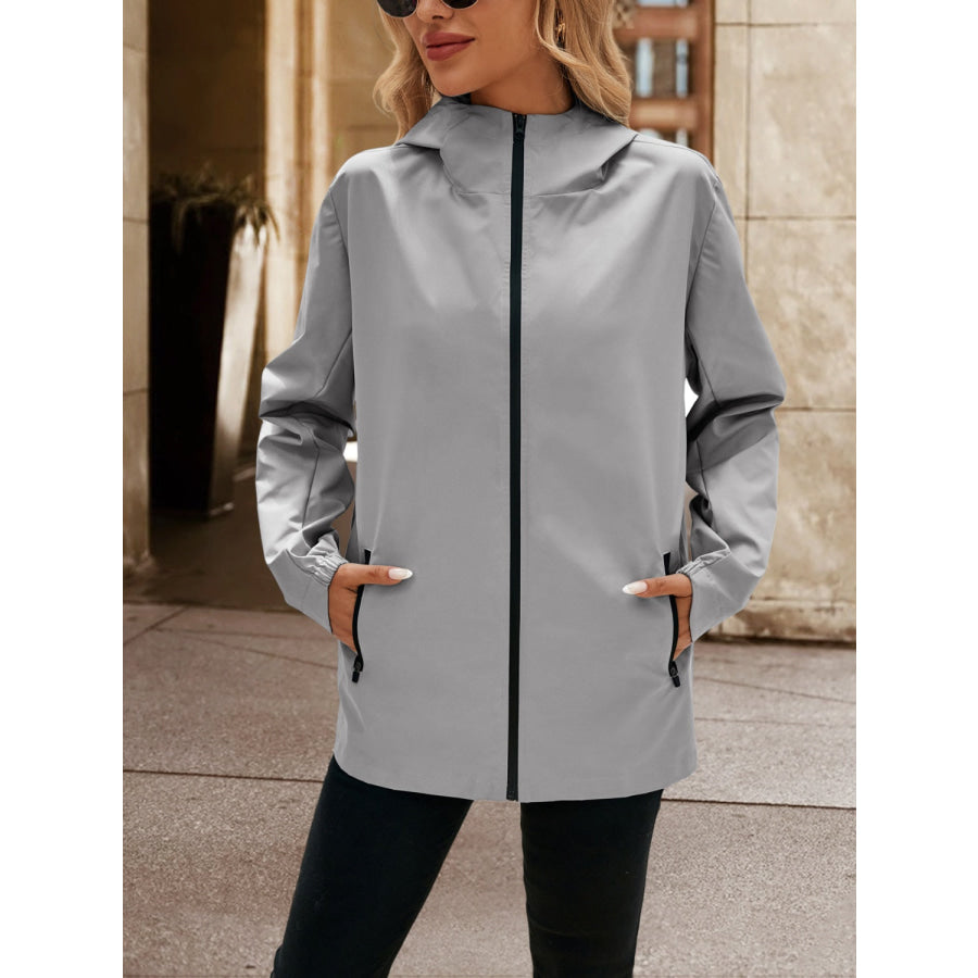 Pocketed Zip Up Hooded Jacket Apparel and Accessories