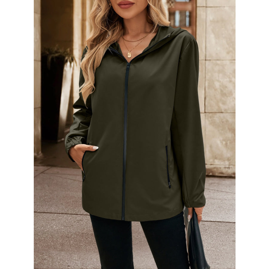 Pocketed Zip Up Hooded Jacket Apparel and Accessories