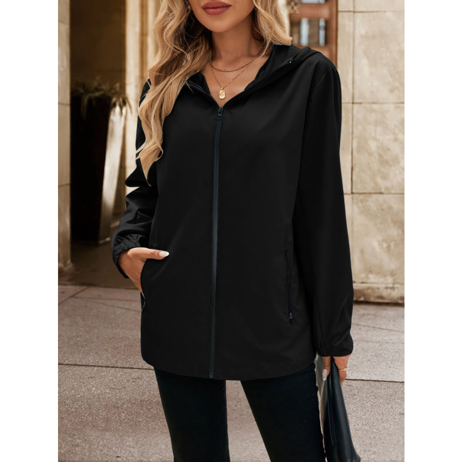 Pocketed Zip Up Hooded Jacket Apparel and Accessories