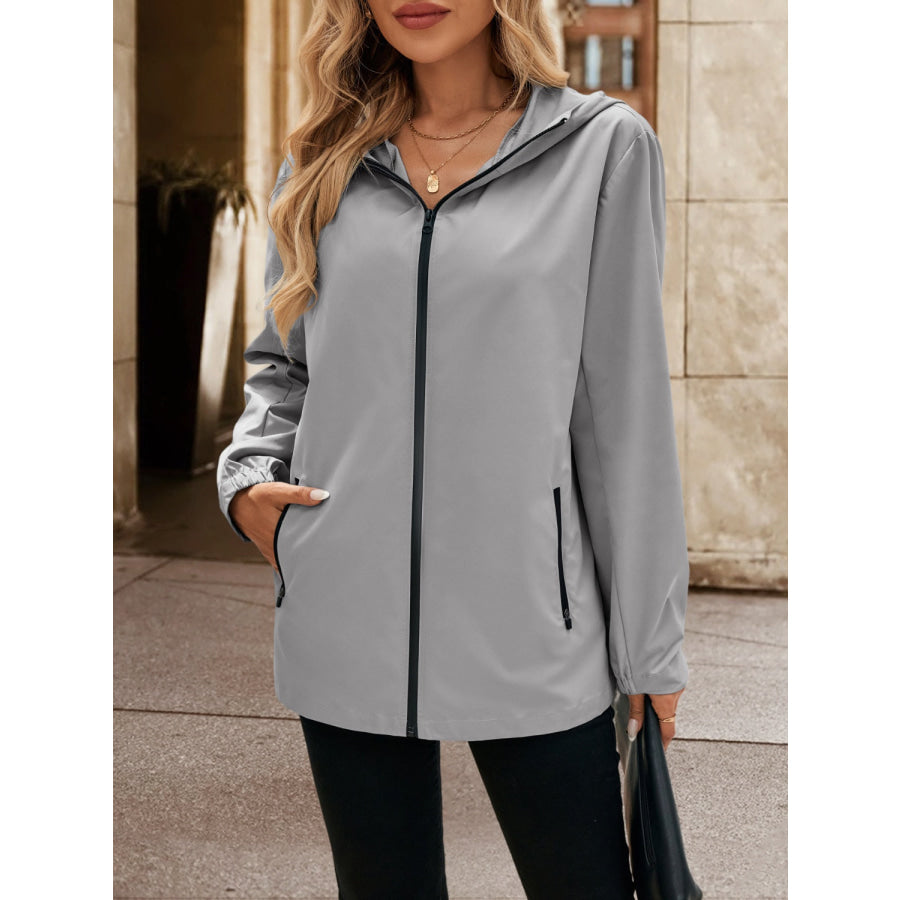 Pocketed Zip Up Hooded Jacket Gray / S Apparel and Accessories