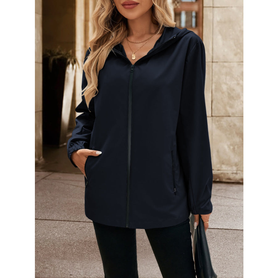 Pocketed Zip Up Hooded Jacket Navy / S Apparel and Accessories