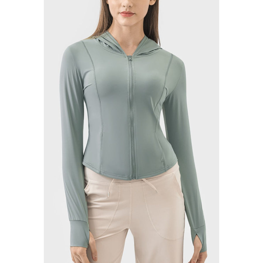 Pocketed Zip Up Hooded Long Sleeve Active Outerwear Air Force Blue / S Apparel and Accessories