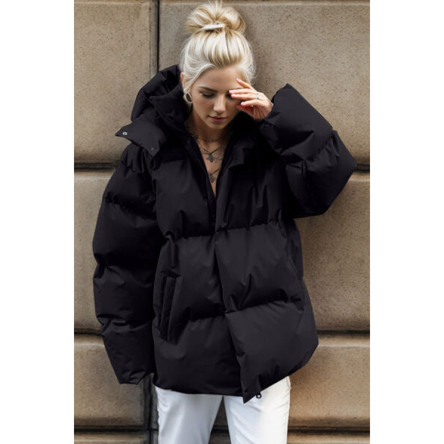 Pocketed Zip Up Hooded Puffer Jacket Black / S Apparel and Accessories