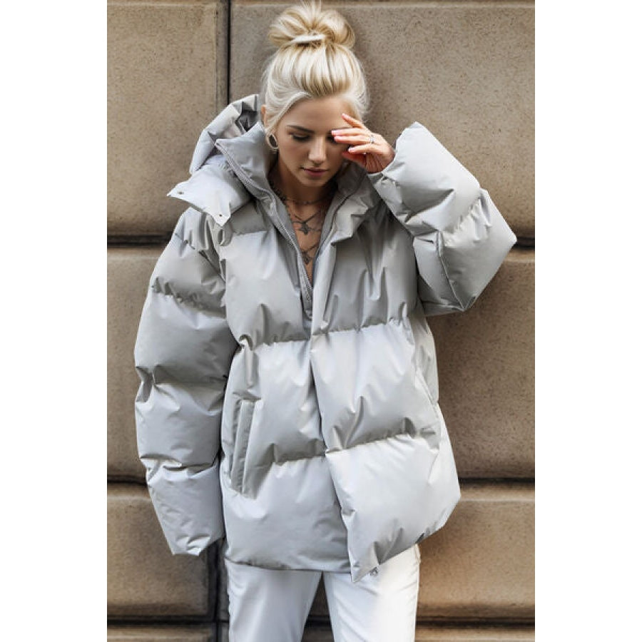 Pocketed Zip Up Hooded Puffer Jacket Light Gray / S Apparel and Accessories