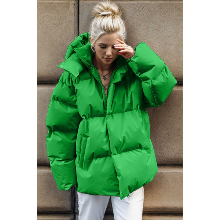 Pocketed Zip Up Hooded Puffer Jacket Mid Green / S Apparel and Accessories