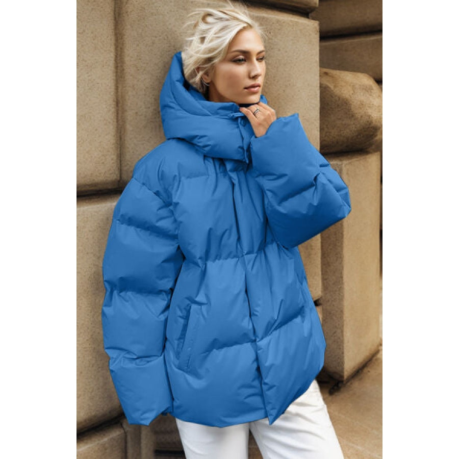 Pocketed Zip Up Hooded Puffer Jacket Sky Blue / S Apparel and Accessories