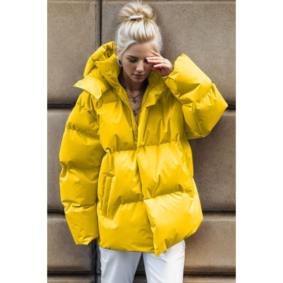 Pocketed Zip Up Hooded Puffer Jacket True Yellow / S Apparel and Accessories