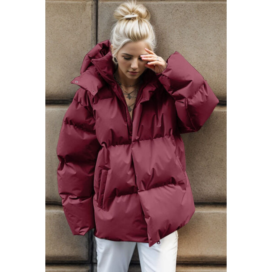 Pocketed Zip Up Hooded Puffer Jacket Wine / S Apparel and Accessories