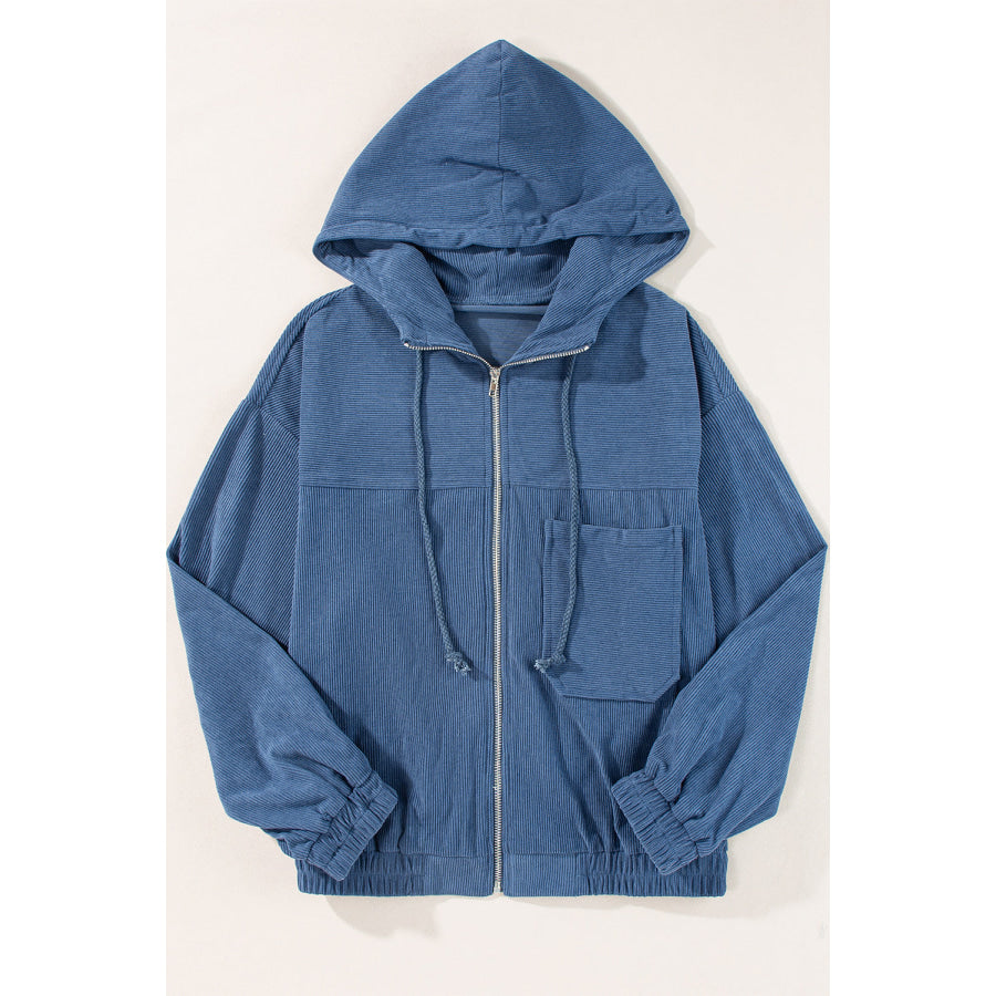 Pocketed Zip Up Long Sleeve Hooded Jacket Apparel and Accessories