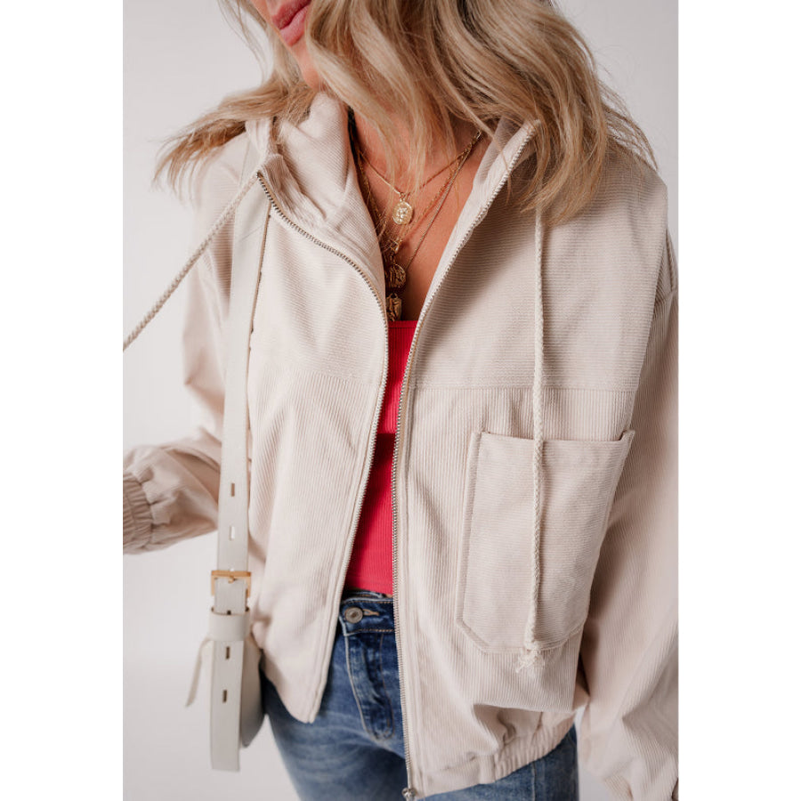 Pocketed Zip Up Long Sleeve Hooded Jacket Cream / S Apparel and Accessories