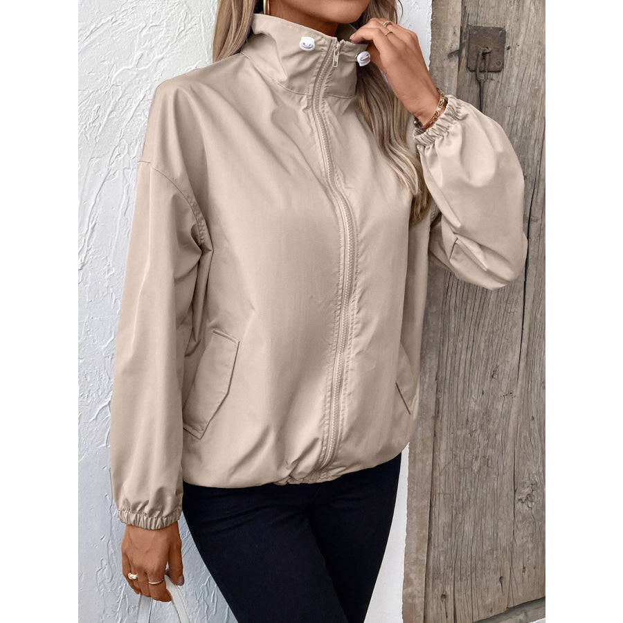 Pocketed Zip Up Long Sleeve Jacket Apparel and Accessories