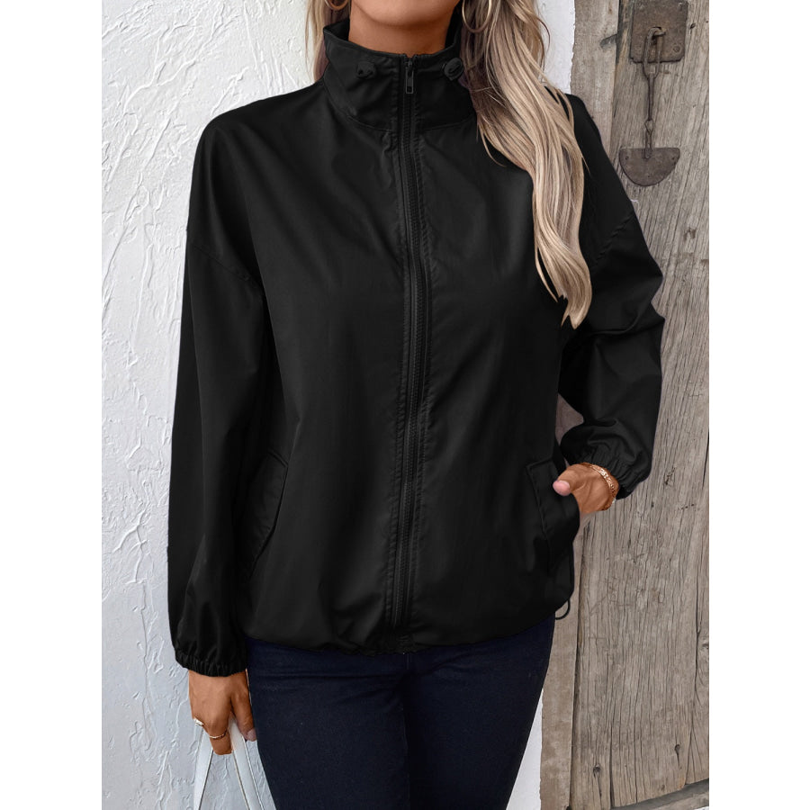 Pocketed Zip Up Long Sleeve Jacket Apparel and Accessories