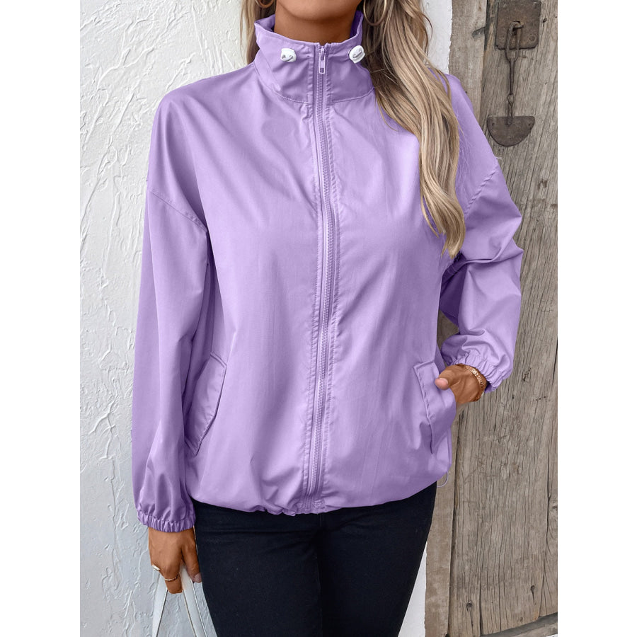 Pocketed Zip Up Long Sleeve Jacket Apparel and Accessories