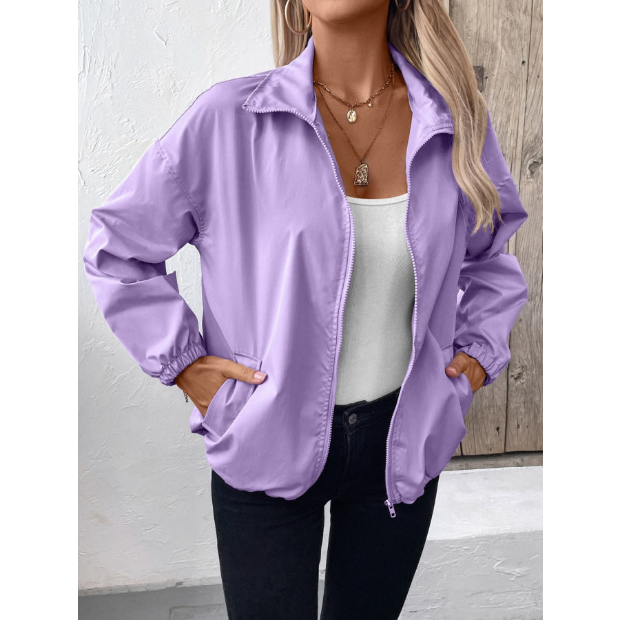 Pocketed Zip Up Long Sleeve Jacket Apparel and Accessories