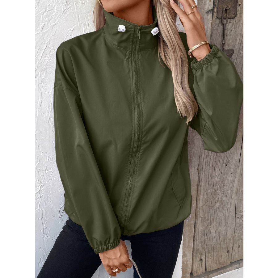 Pocketed Zip Up Long Sleeve Jacket Apparel and Accessories