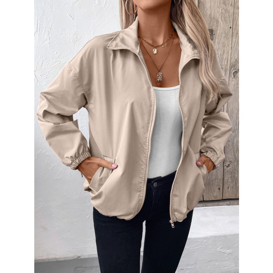 Pocketed Zip Up Long Sleeve Jacket Apparel and Accessories