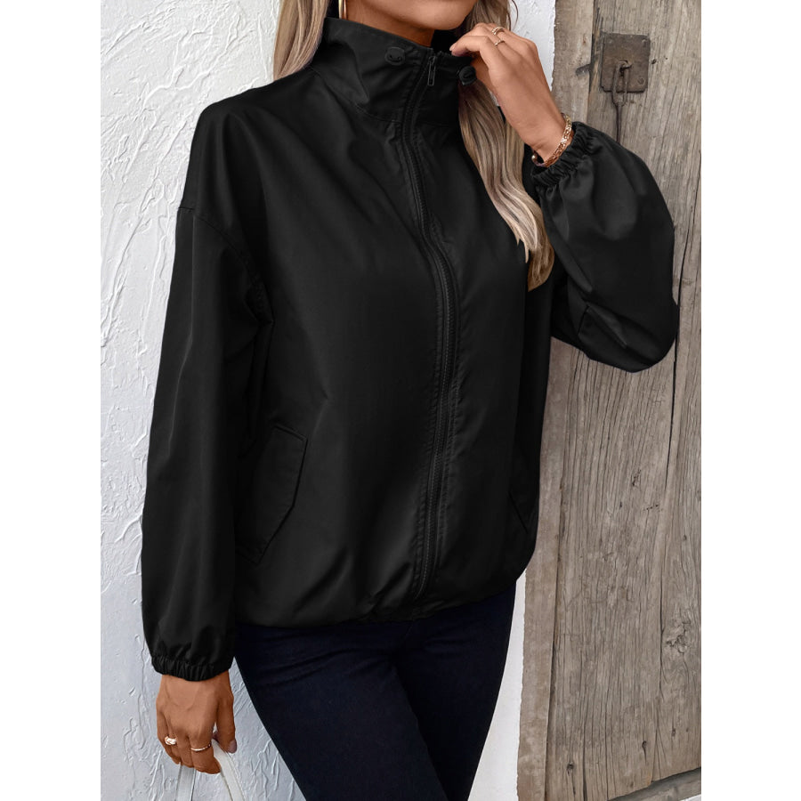 Pocketed Zip Up Long Sleeve Jacket Apparel and Accessories