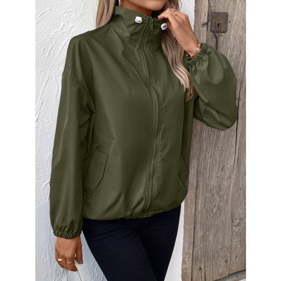 Pocketed Zip Up Long Sleeve Jacket Apparel and Accessories