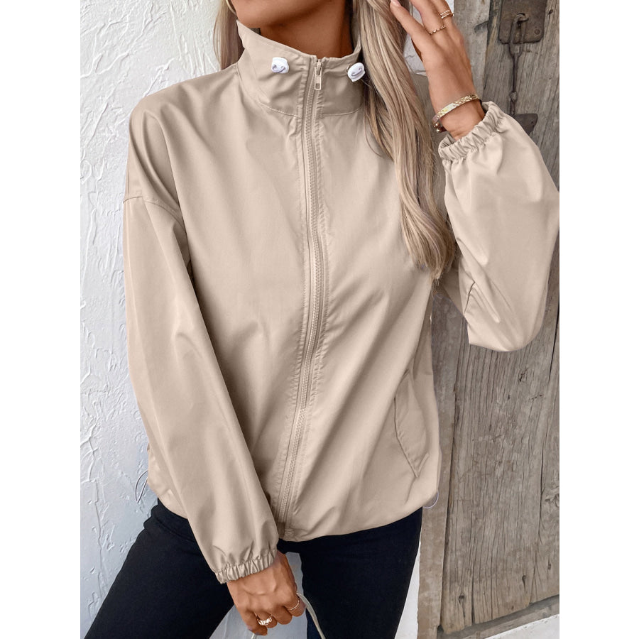 Pocketed Zip Up Long Sleeve Jacket Apparel and Accessories