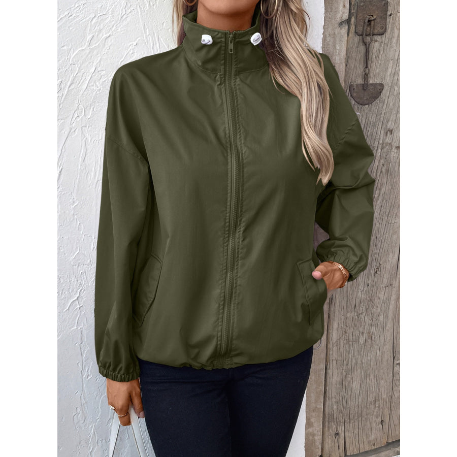 Pocketed Zip Up Long Sleeve Jacket Apparel and Accessories